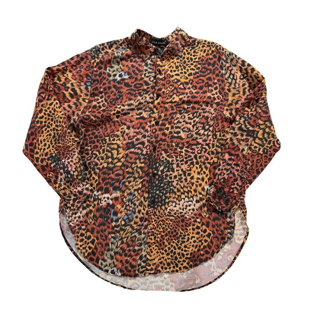 Silk Club 100% Silk Leopard Print Button Front Shirt Brown Orange Size S